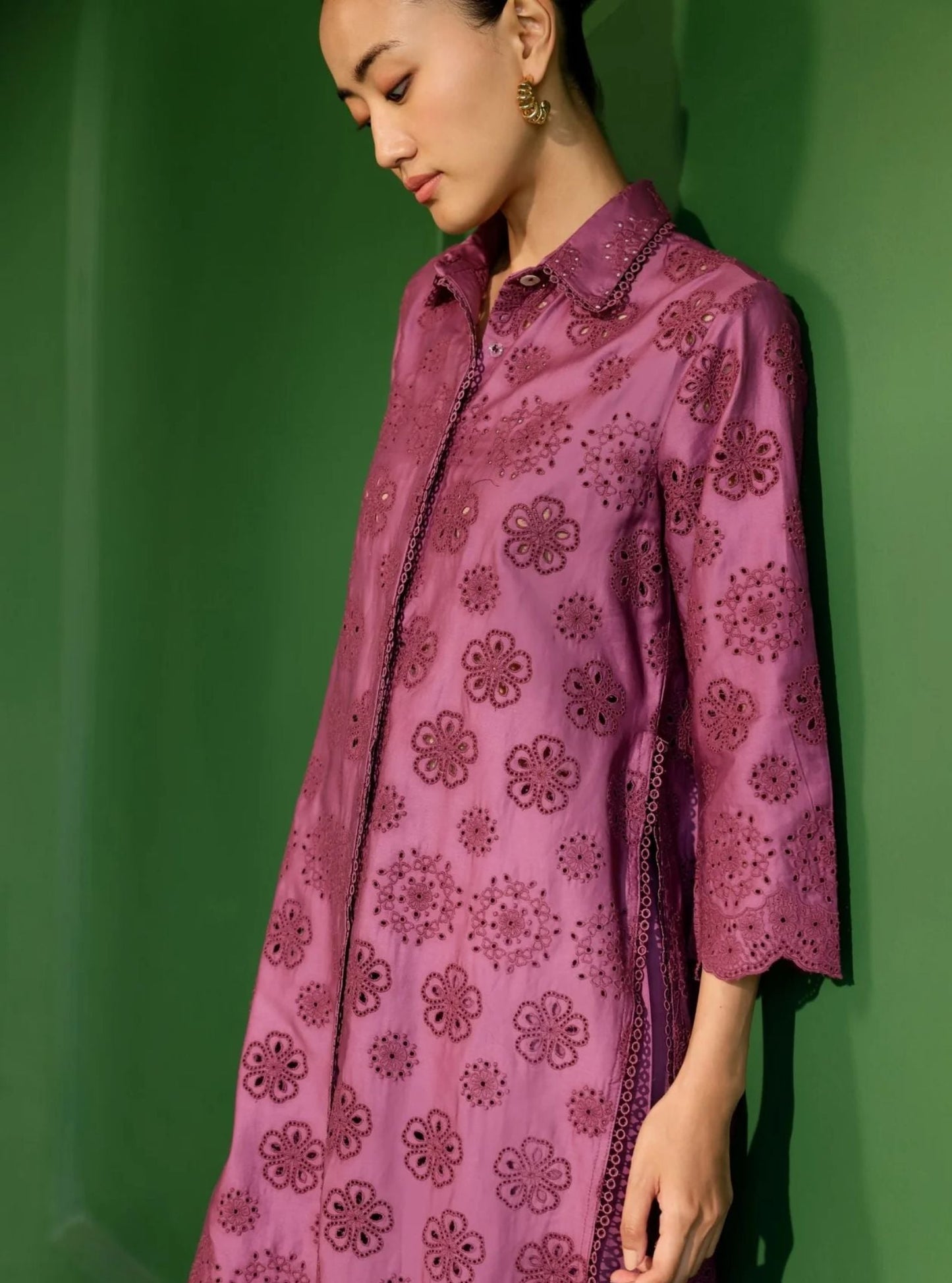 Harriet Pima Satin Grape Long shirt co-ord set
