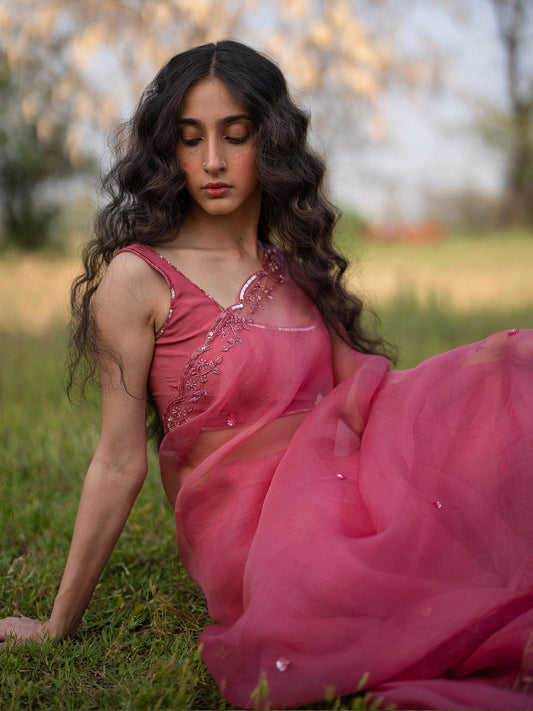 Roseate Silk Organza Saree Set