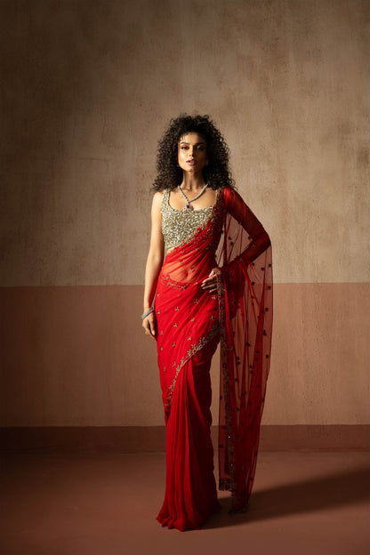 Predraped, Red, Hand Embroidered Net & Georgette Saree With Golden Blouse