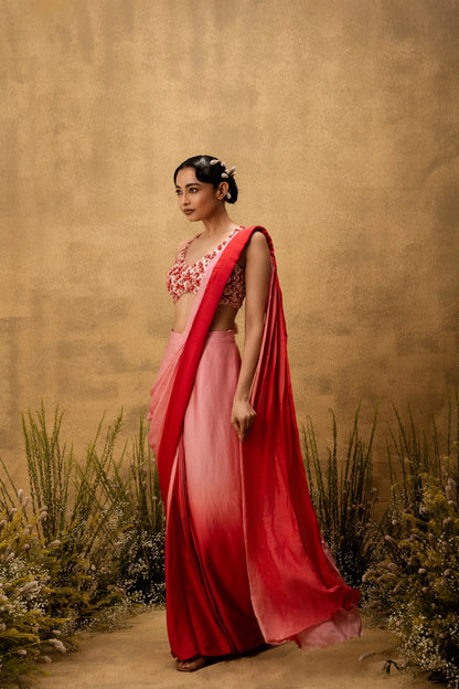 Pastel pink ombre pre-draped modal satin saree with embroidered blouse