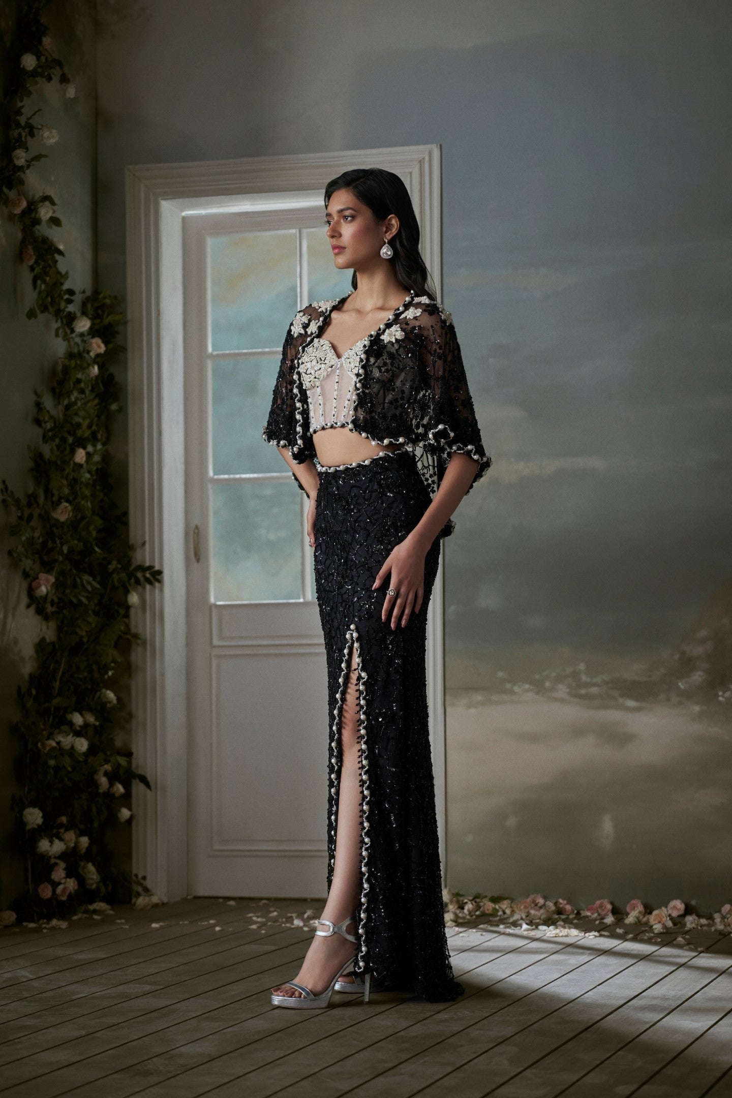 Black Skirt And Jacket Set With An Ivory Corset