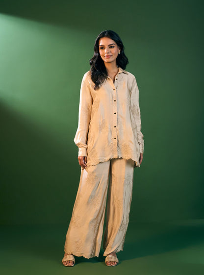 Mireille Cupro Satin Beige Shirt & Pant Set