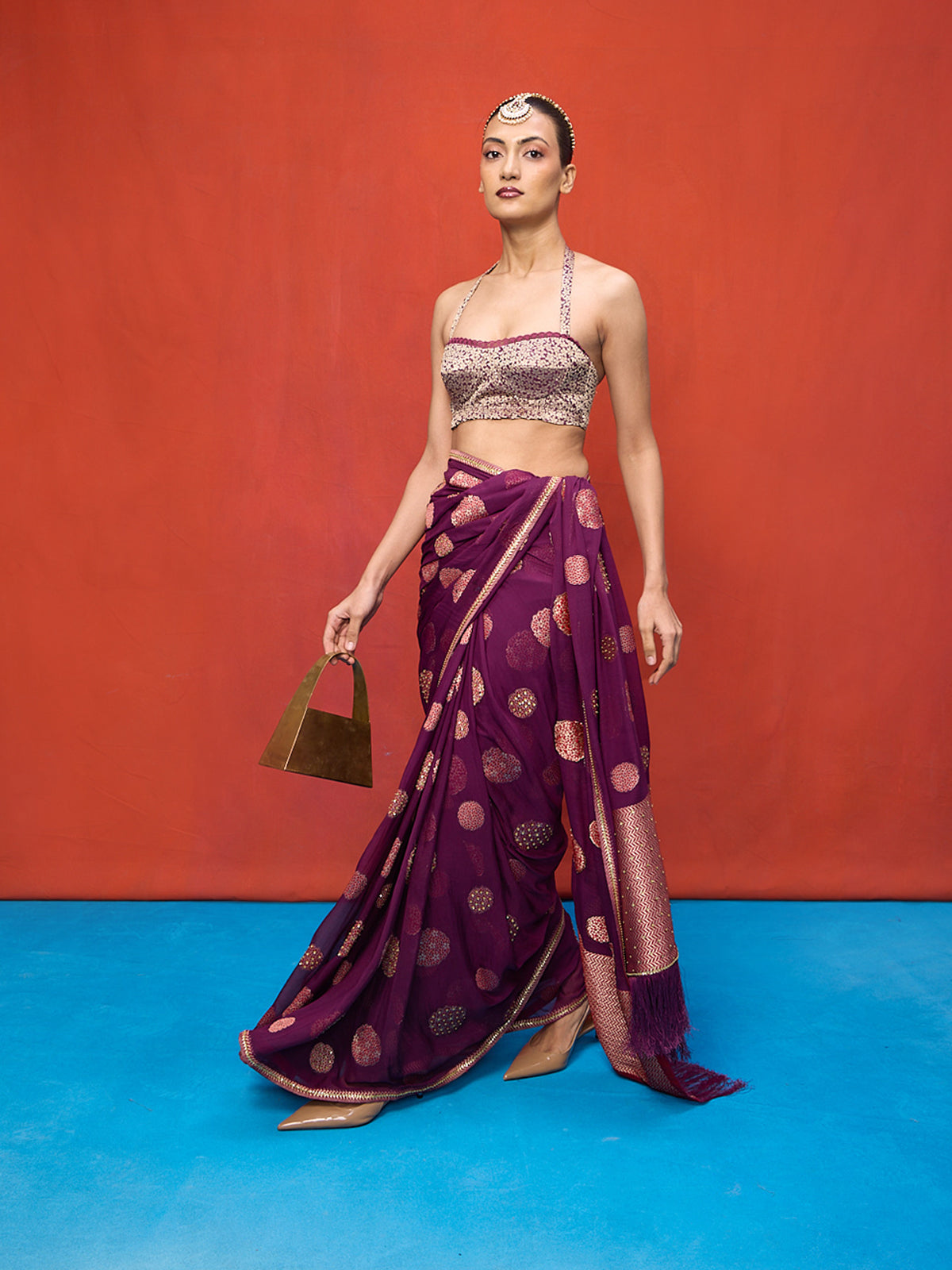 Handwoven Wine Chiffon Banarasi Saree