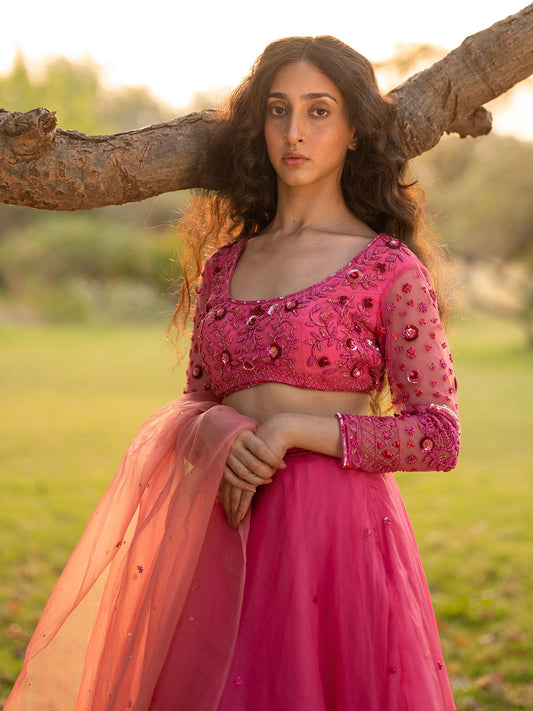 Azalea Pink Silk Organza Lehenga Set