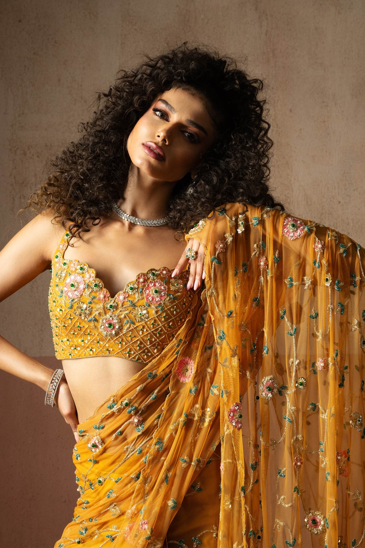 Predraped, Mustard Yellow, Hand Embroidered Net & Georgette Saree