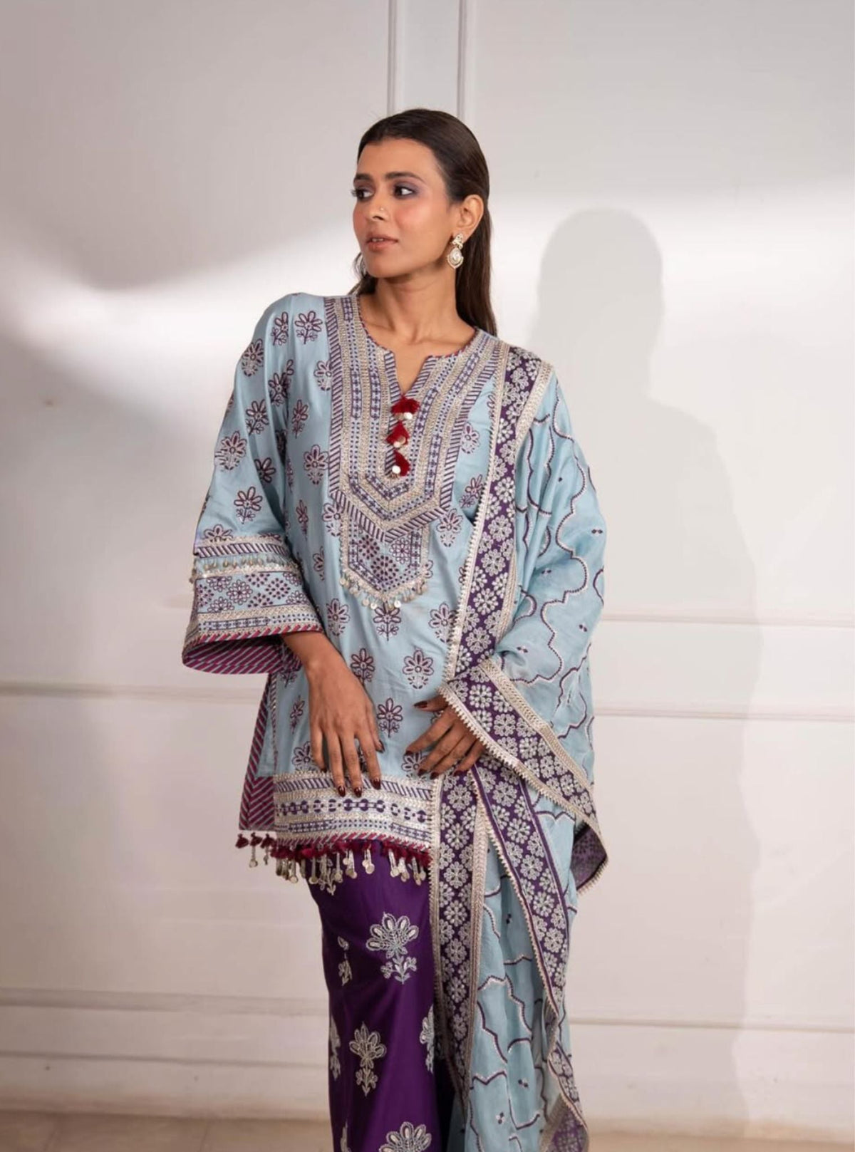 Lani Pima Satin Sky Blue Kurta With Purple Pant