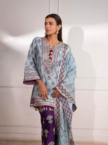 Lani Pima Satin Sky Blue Kurta With Purple Pant