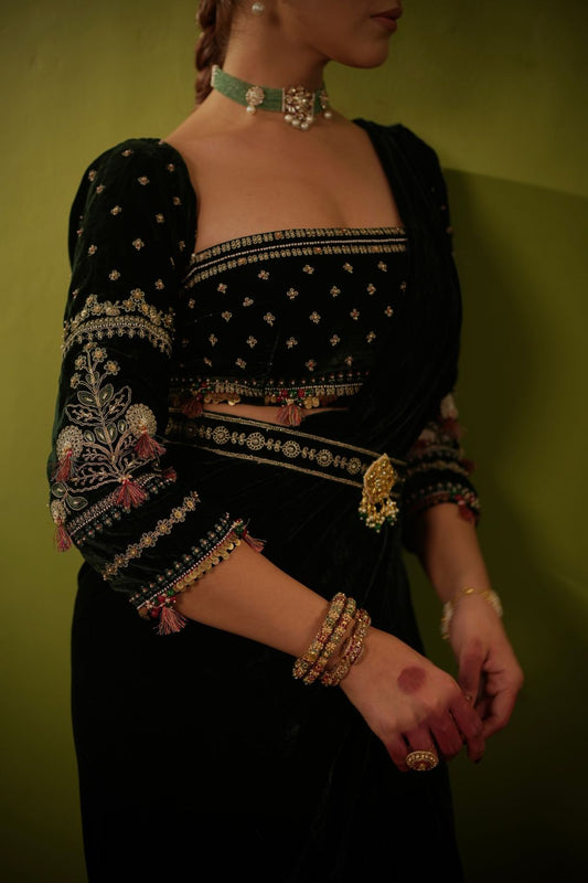 Rich Green Velvet Saree Set