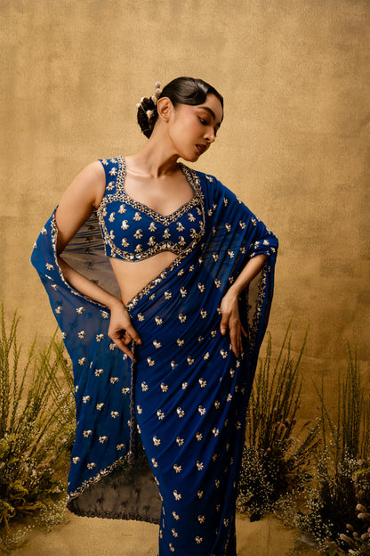 Sapphire blue Pre-stitched hand embroidered georgette saree set
