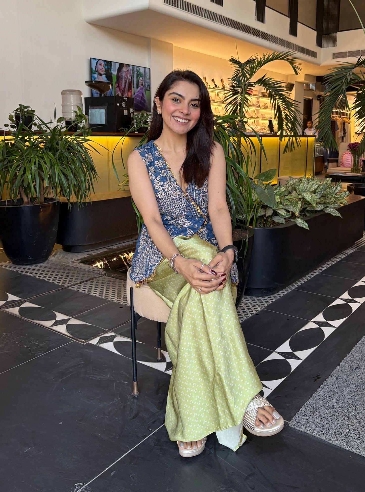 Lunira Denim Waistcoat With Cupro Satin Printed Sage Green Draped Skirt