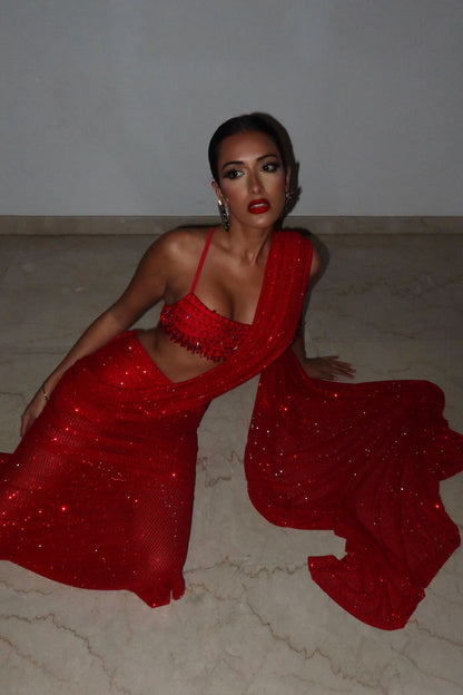 Seerat Saini in Crimson Jewel Saree Set