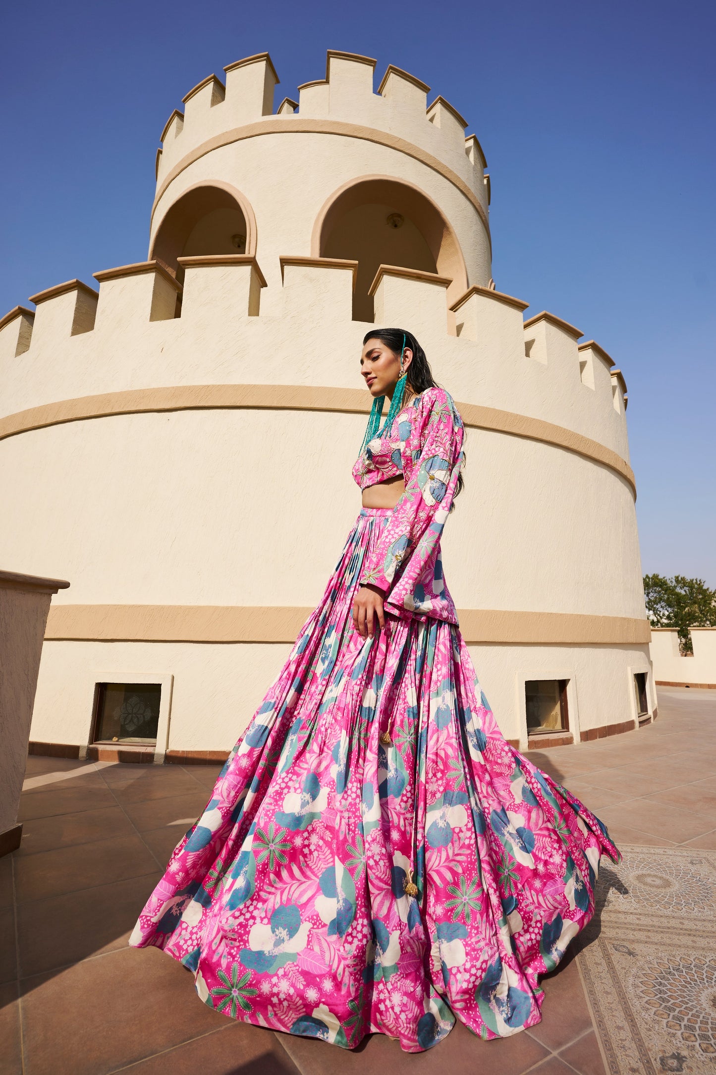 SHAKTI MOHAN IN FLORAL PRINT EMBROIDERED JACKET AND SPAGHETTI BRALET WITH GHAGHRA- EC-JG-EG24-22- PinkGreen