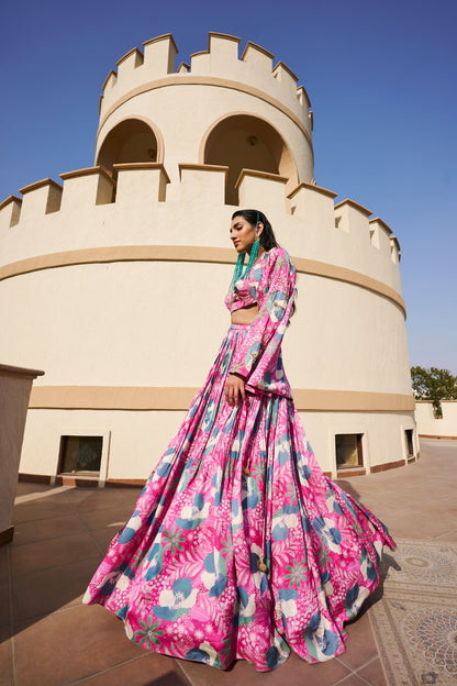 SHAKTI MOHAN IN FLORAL PRINT EMBROIDERED JACKET AND SPAGHETTI BRALET WITH GHAGHRA- EC-JG-EG24-22- PinkGreen