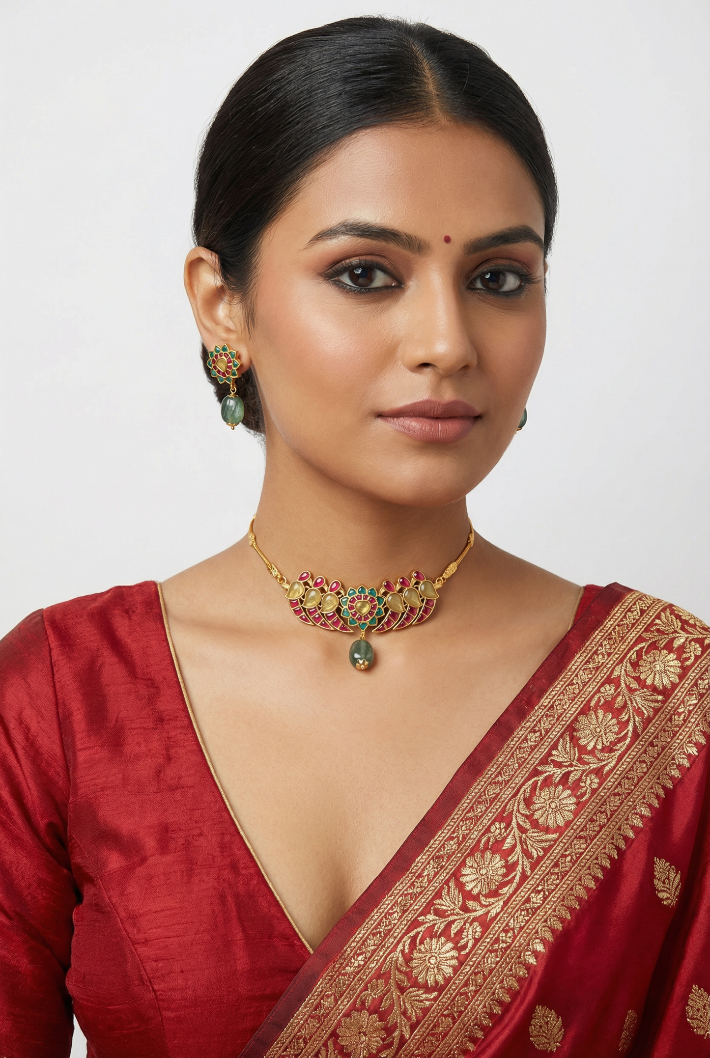 Iravya Pink-Green Peacock Kundan Necklace Set