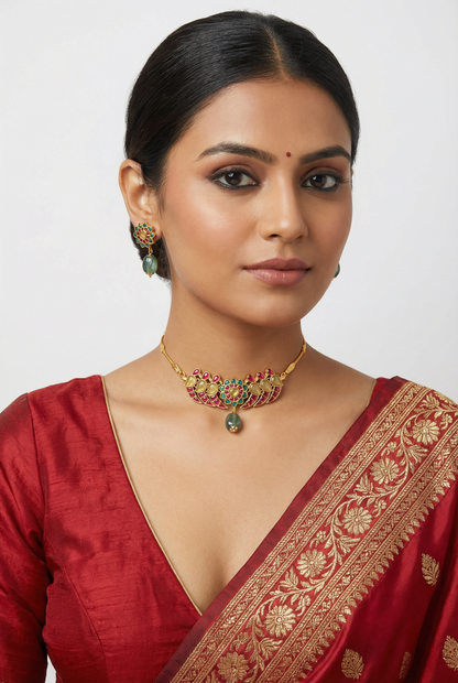 Iravya Pink-Green Peacock Kundan Necklace Set