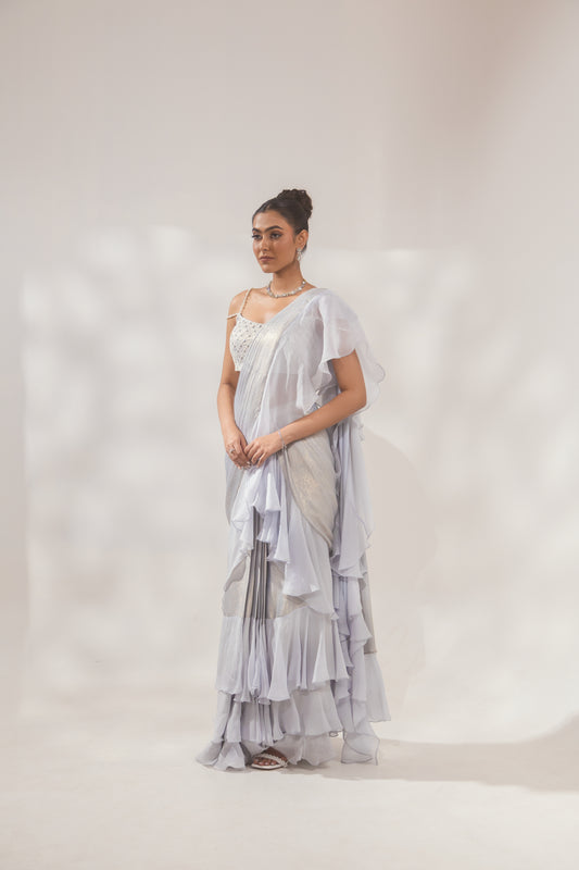 Metallic Blue Ruffle Saree