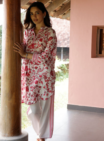 Marius Lawn Printed White/Fuschia Kurta Set