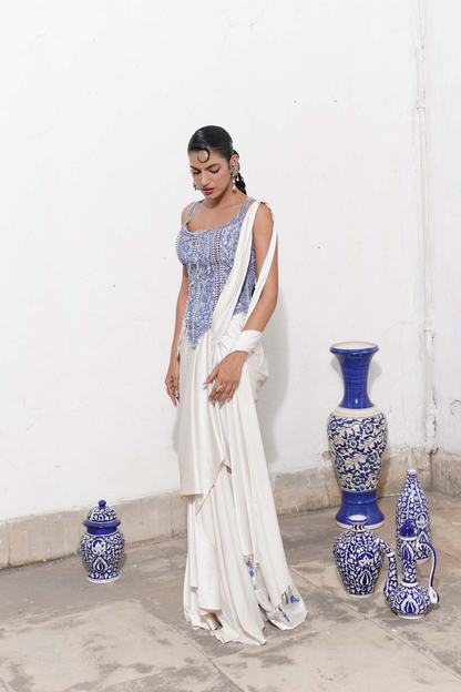 Ivory long corset with saree set