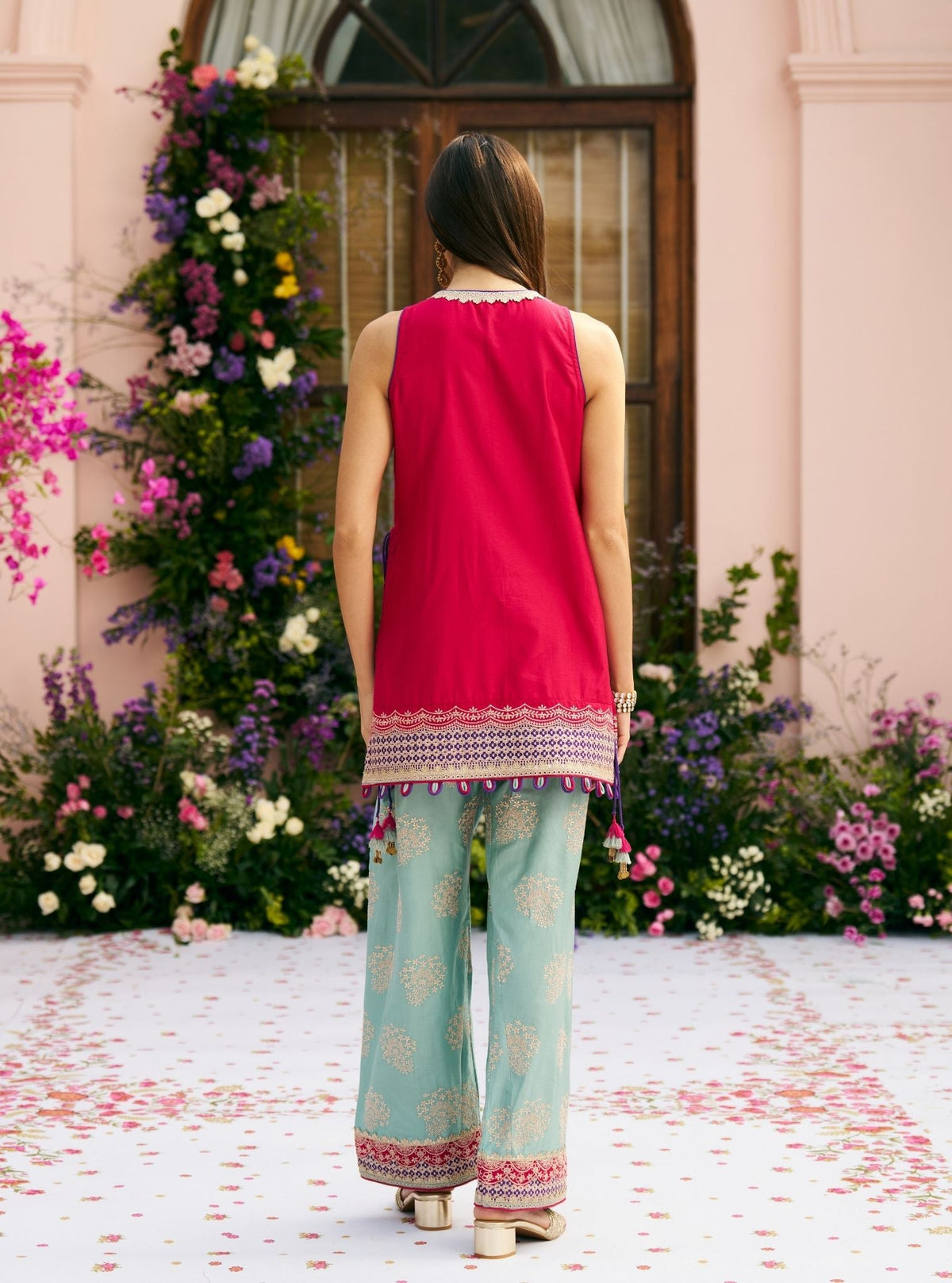 Sugandh Pima Satin Fuchsia Kurta Set