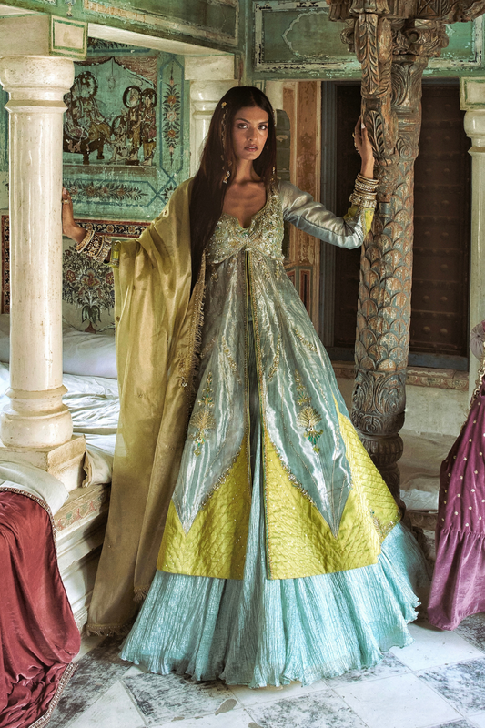 Moonlight blue tissue jacket with crushed silk skirt set