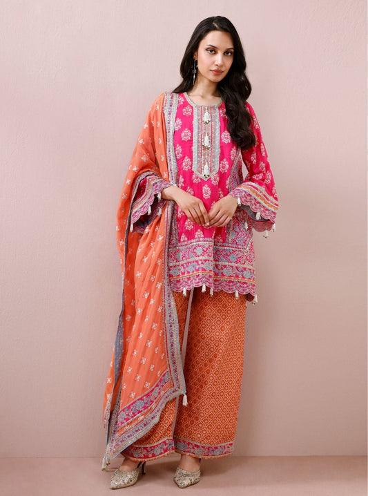 Nami Banarsi Fuchsia Short Kurta with Wide Pants