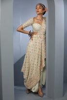 Women's Cream Floral Draped Saree Set