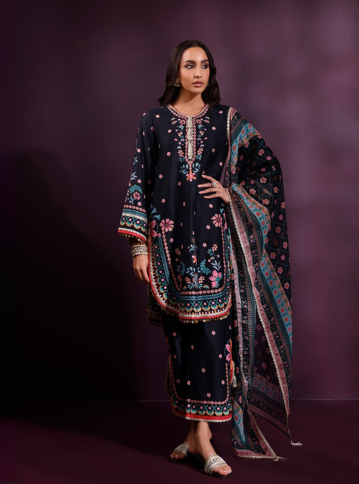 Omira Pima Satin Printed Black Kurta Set