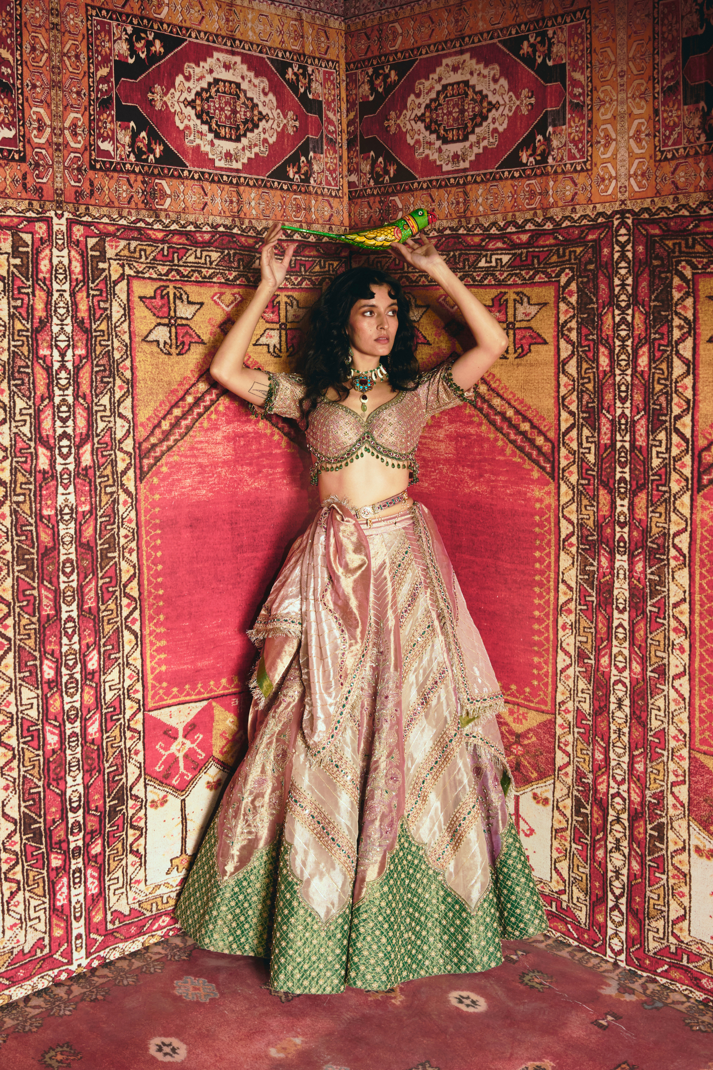 Pink and Rose Gold Pure Tissue with Green Banarsi Lehenga Set