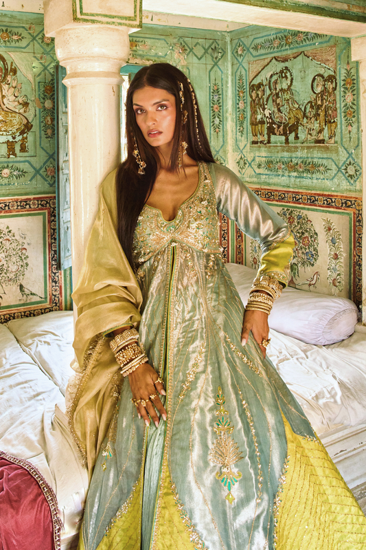Moonlight blue tissue jacket with crushed silk skirt set