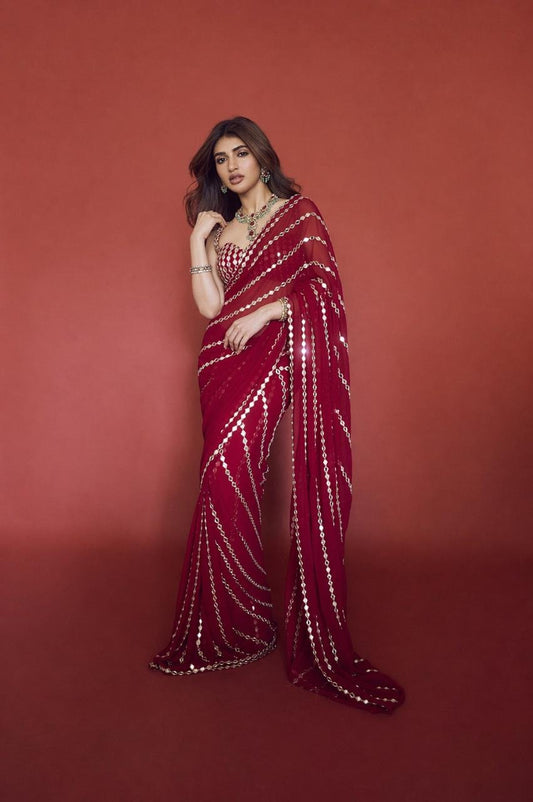 SREELEELA IN Ruby red Linear Mirror Saree Set