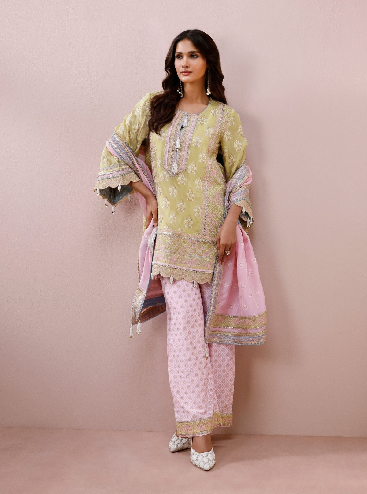 Nami Banarsi Lime Short Kurta with Wide Pants