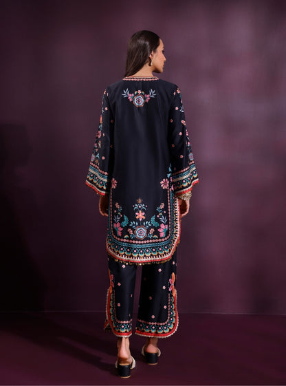 Omira Pima Satin Printed Black Kurta Set