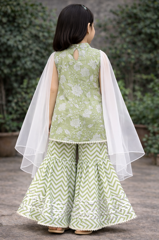 Green Hand Block Printed Cotton Sharara Suit