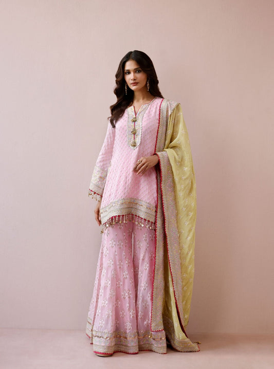 Nori Banarsi Pink Short Kurta with Sharara