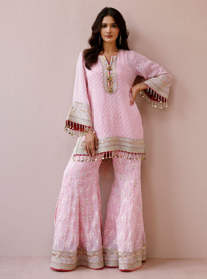Nori Banarsi Pink Short Kurta with Sharara