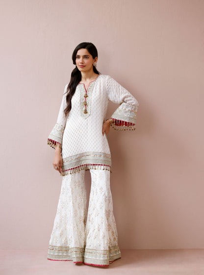 Nori Banarsi Off-White Short Kurta with Sharara