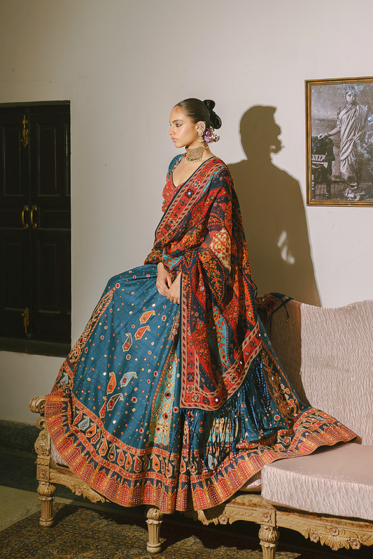 Dark teal paisley lehenga set