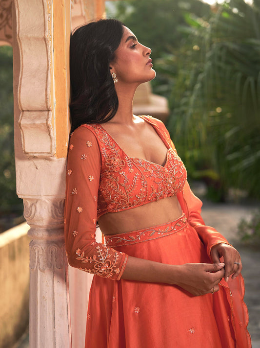 Sundaze Orange Silk Organza Lehenga Set