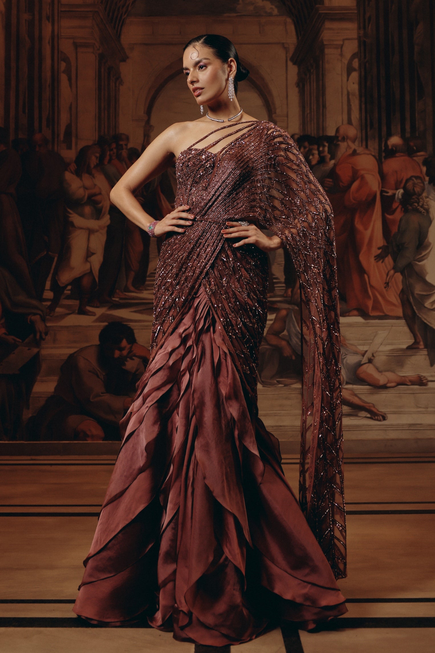 Buy Garnet Ruffled Saree Online | Designer Sarees Australia