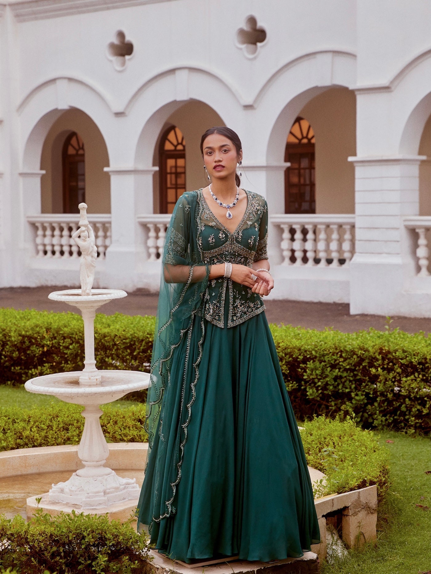 Teal Green Peplum with Lehenga and Dupatta Set