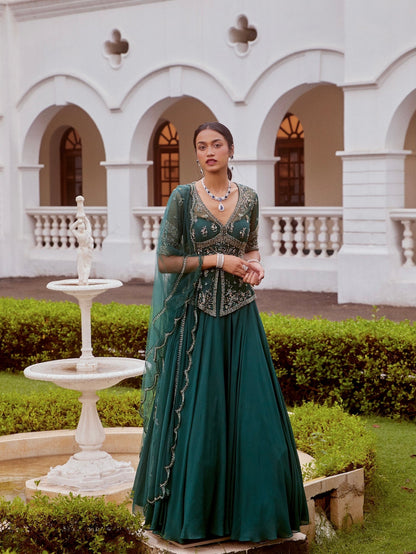 Teal Green Peplum with Lehenga and Dupatta Set
