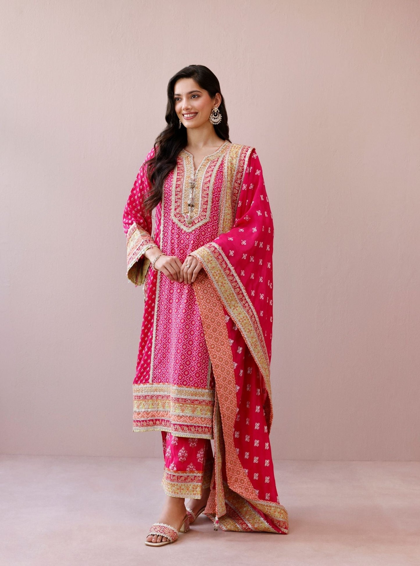 Orelia Banarsi Fuchsia Long Kurta Set