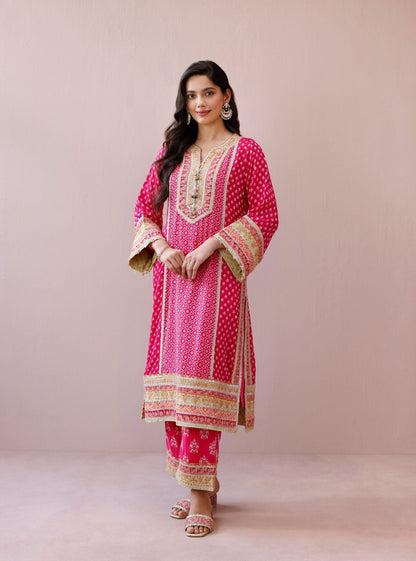 Orelia Banarsi Fuchsia Long Kurta Set