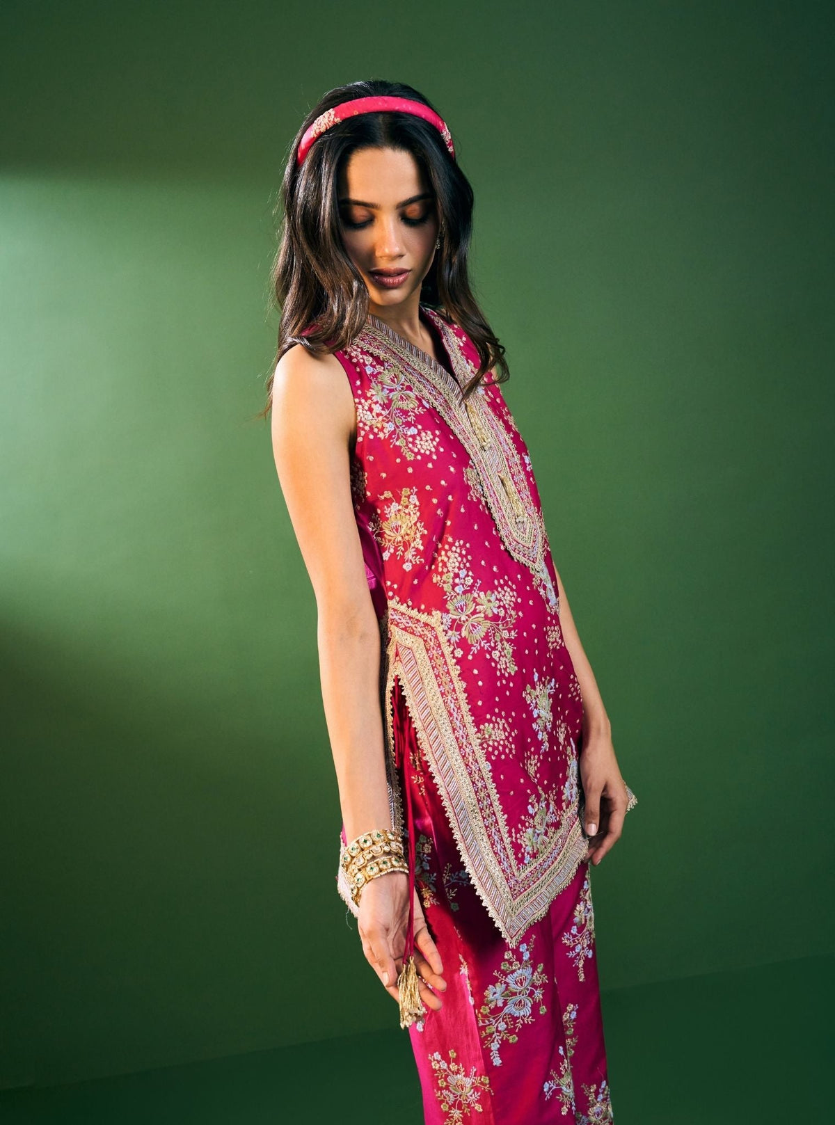 Lami Pima Satin Fuchsia Kurta With Flared Bell-Bottom Pants