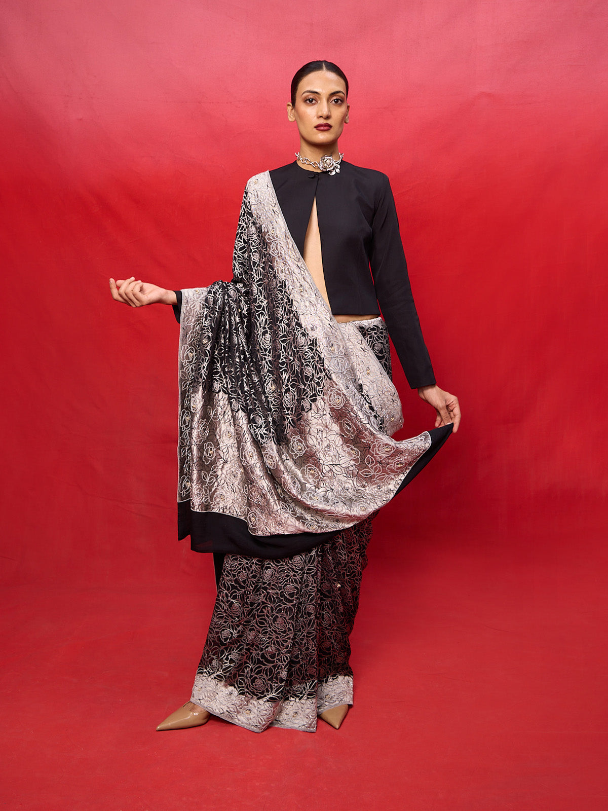 Handwoven Black Chiffon Embossed Saree