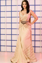 Women's Beige Embroidered Draped Saree Set