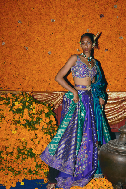 Purple and Teal Silk Banarsi Lehenga Set