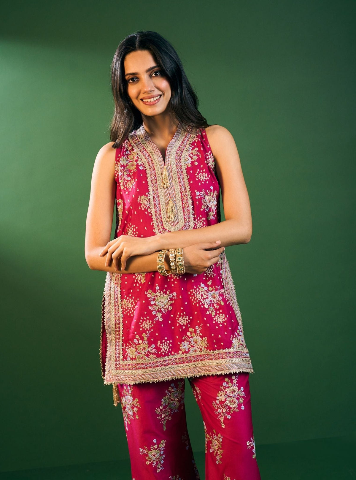 Lami Pima Satin Fuchsia Kurta With Flared Bell-Bottom Pants