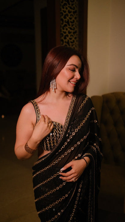 SIMRAN SETHI BEDI In Black mirror Embroidered Pre Draped Saree Set