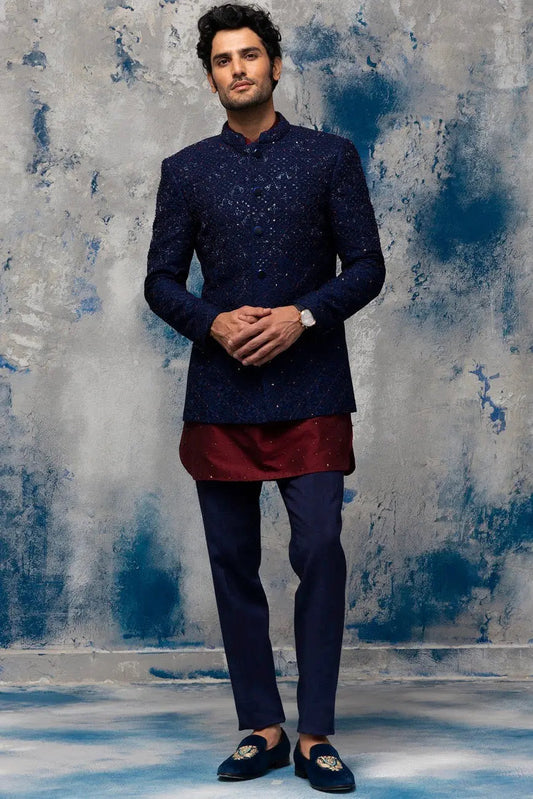 Midnight Blue Sequins Embellished Bandhgala - Asuka Couture